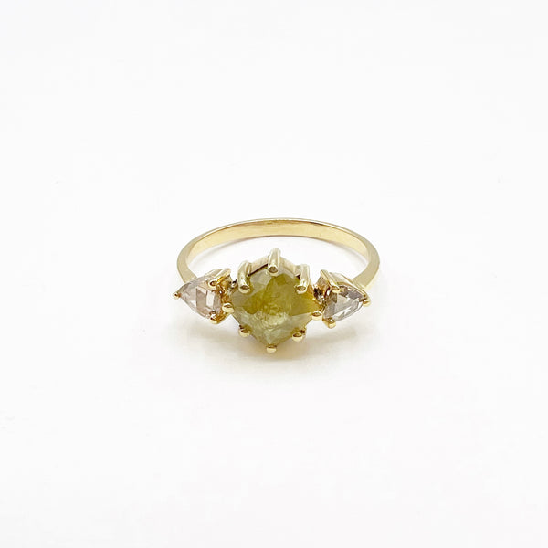 Rose Cut Yellow Faceted Three Stone Diamond Engagement Ring