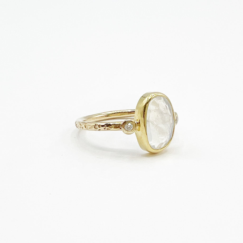 Oval Moonstone 14 Karat Yellow Gold Hammered Diamond Ring