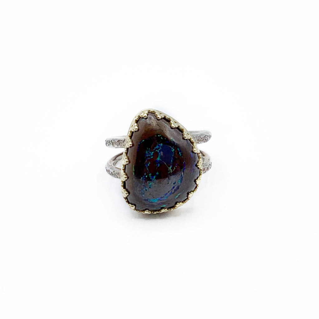 Sterling Silver Irregular Shaped Boulder Opal Hammered Ring