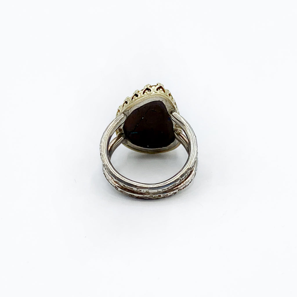 Sterling Silver Irregular Shaped Boulder Opal Hammered Ring
