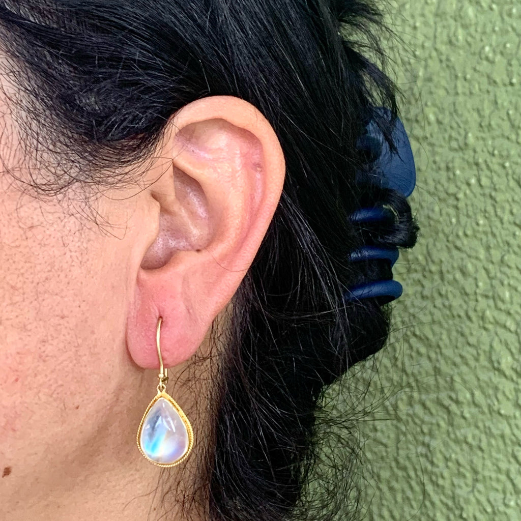Large 18 Karat Yellow Gold Moonstone Teardrop Earrings