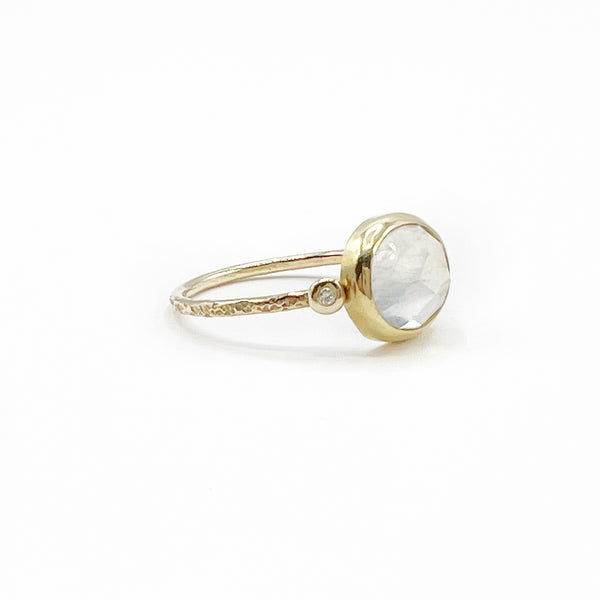 Moonstone and Diamonds 14 Karat Yellow Gold Hammered Ring