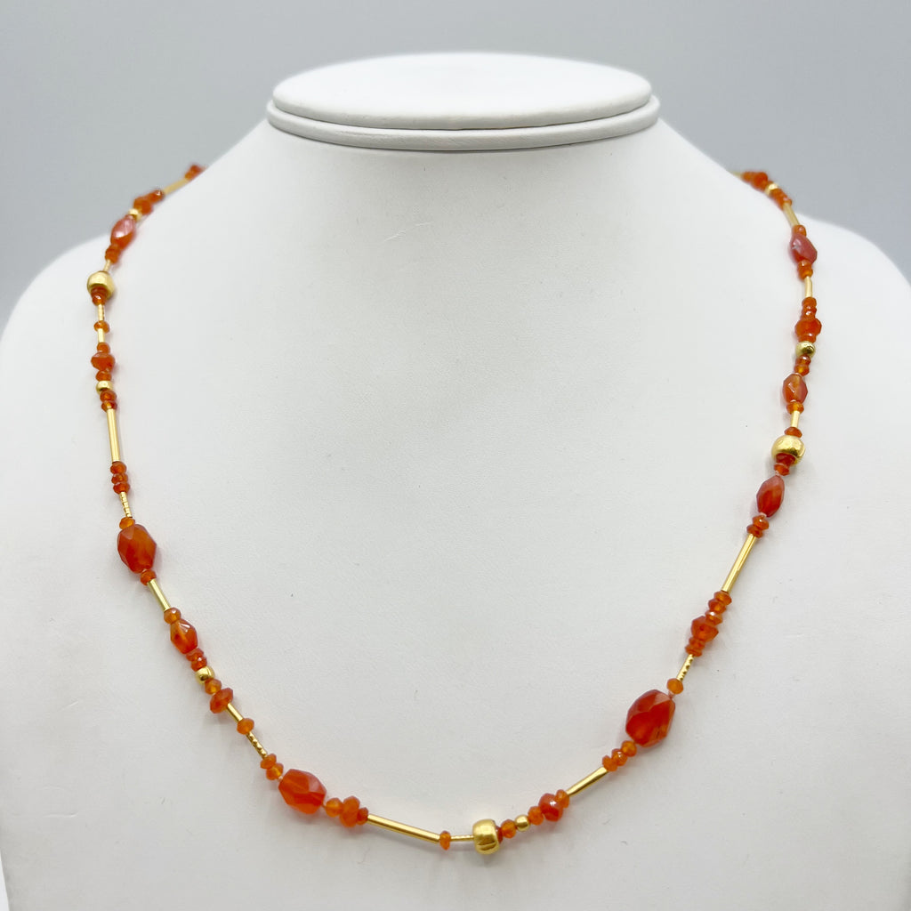 Fiery Carnelian and Gold Freeform Shapes Beads Necklace