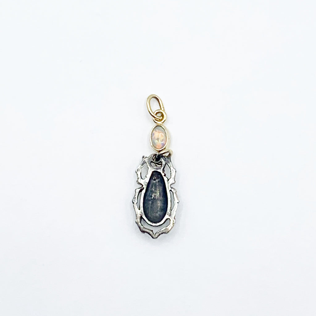 Sterling Silver Beetle with 14 Karat Yellow Gold Opal Setting Pendant