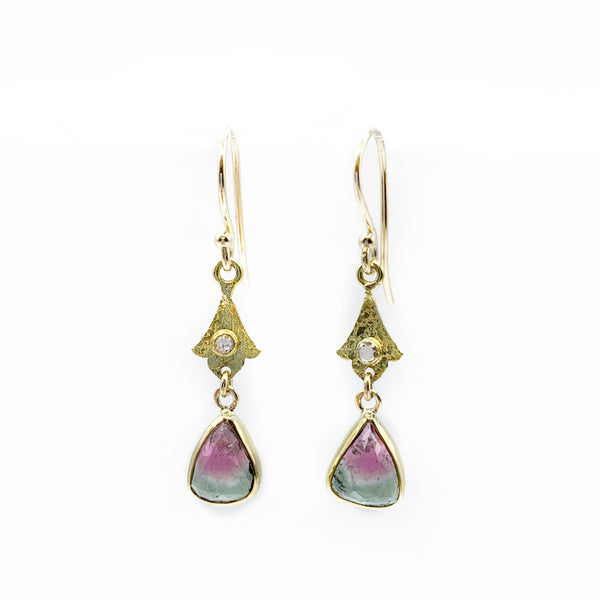 Watermelon Tourmaline with 14 Karat Yellow Gold and Diamond Drop Earrings