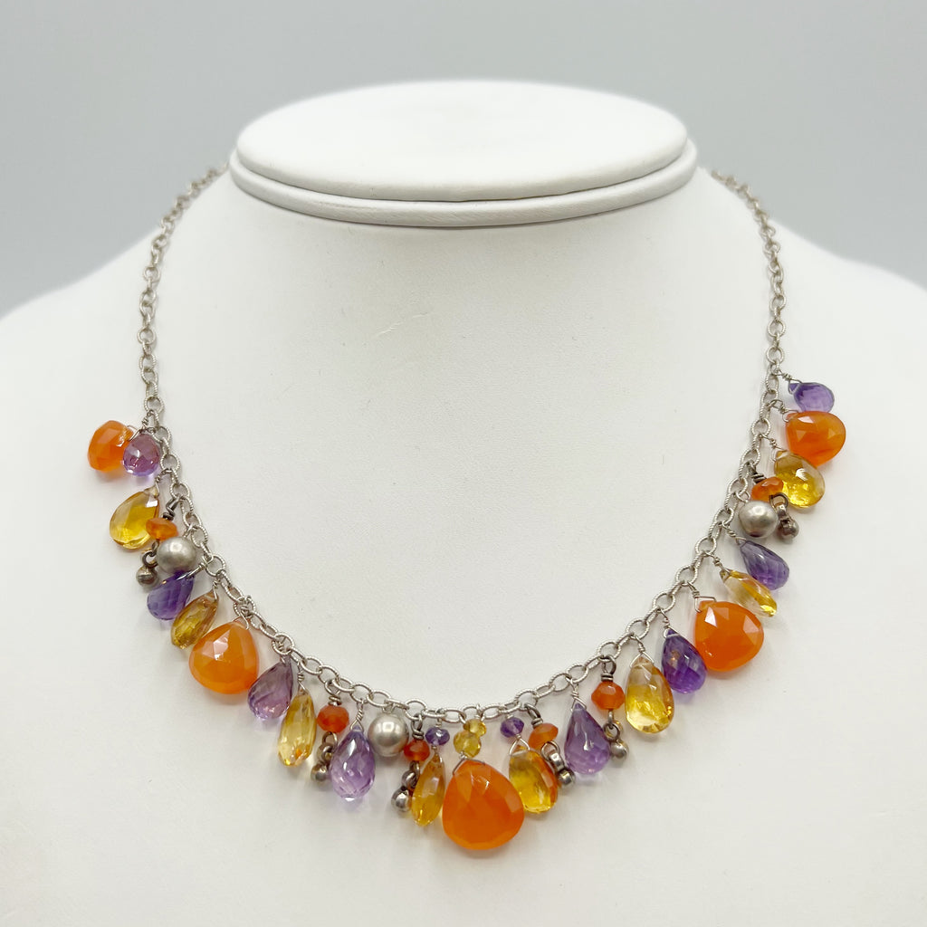 Camelian, Amethysts and Citrine Briolette Necklace with Sterling Silver