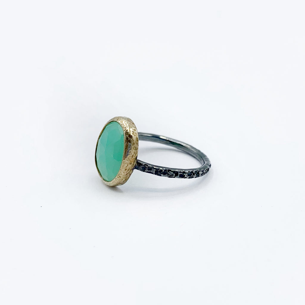 Sterling Silver and Gold Opal Chrysoprase Hammered Ring