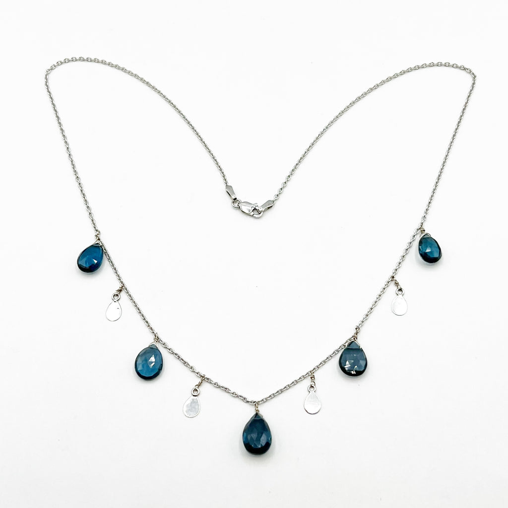 Blue Topaz and White Gold Tassels Chain Necklace