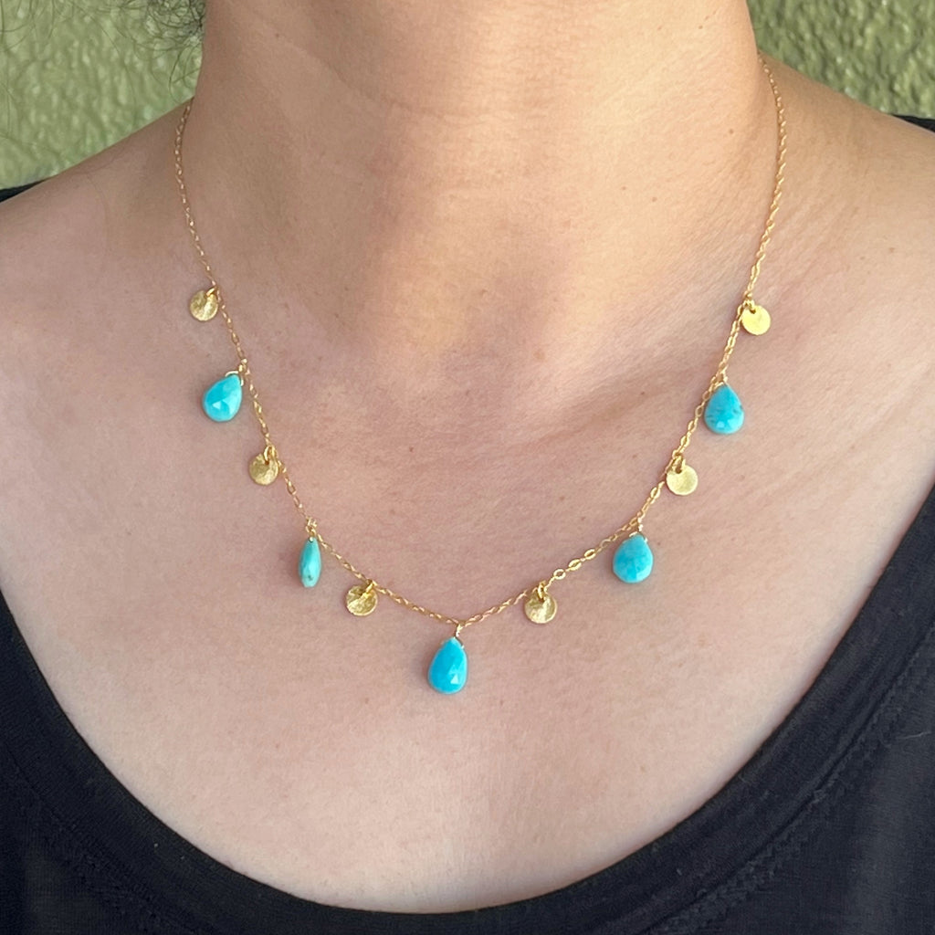 Turquoise Drops and Gold Vermeil Discs on Gold Filled Chain Necklace