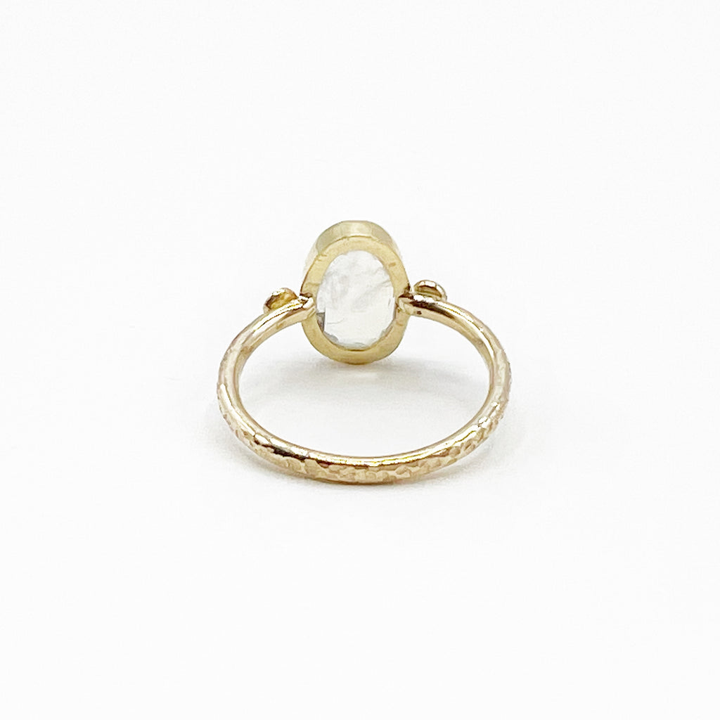 Oval Moonstone 14 Karat Yellow Gold Hammered Diamond Ring