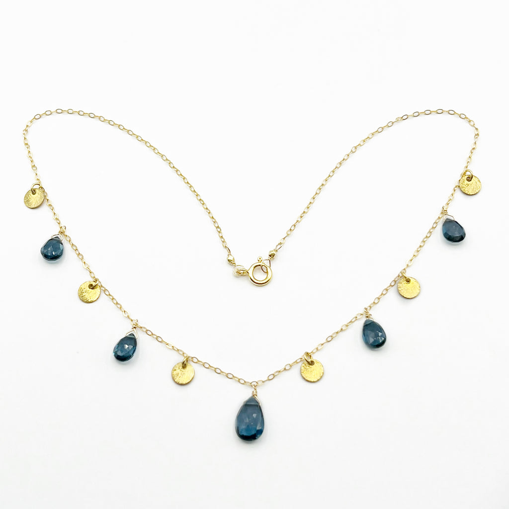 Blue Topaz Drops on Gold Vermeil Chain and Discs Necklace