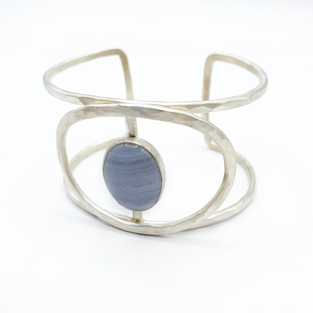 Sterling Silver Hammered Cuff with Blue Lace Agate