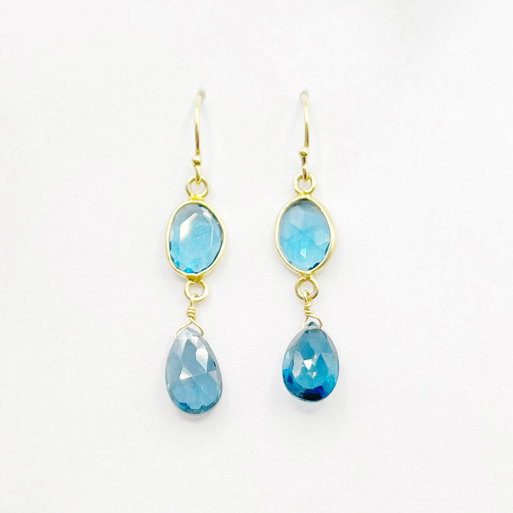 Blue Topaz and  Yellow Gold  Drop Earrings