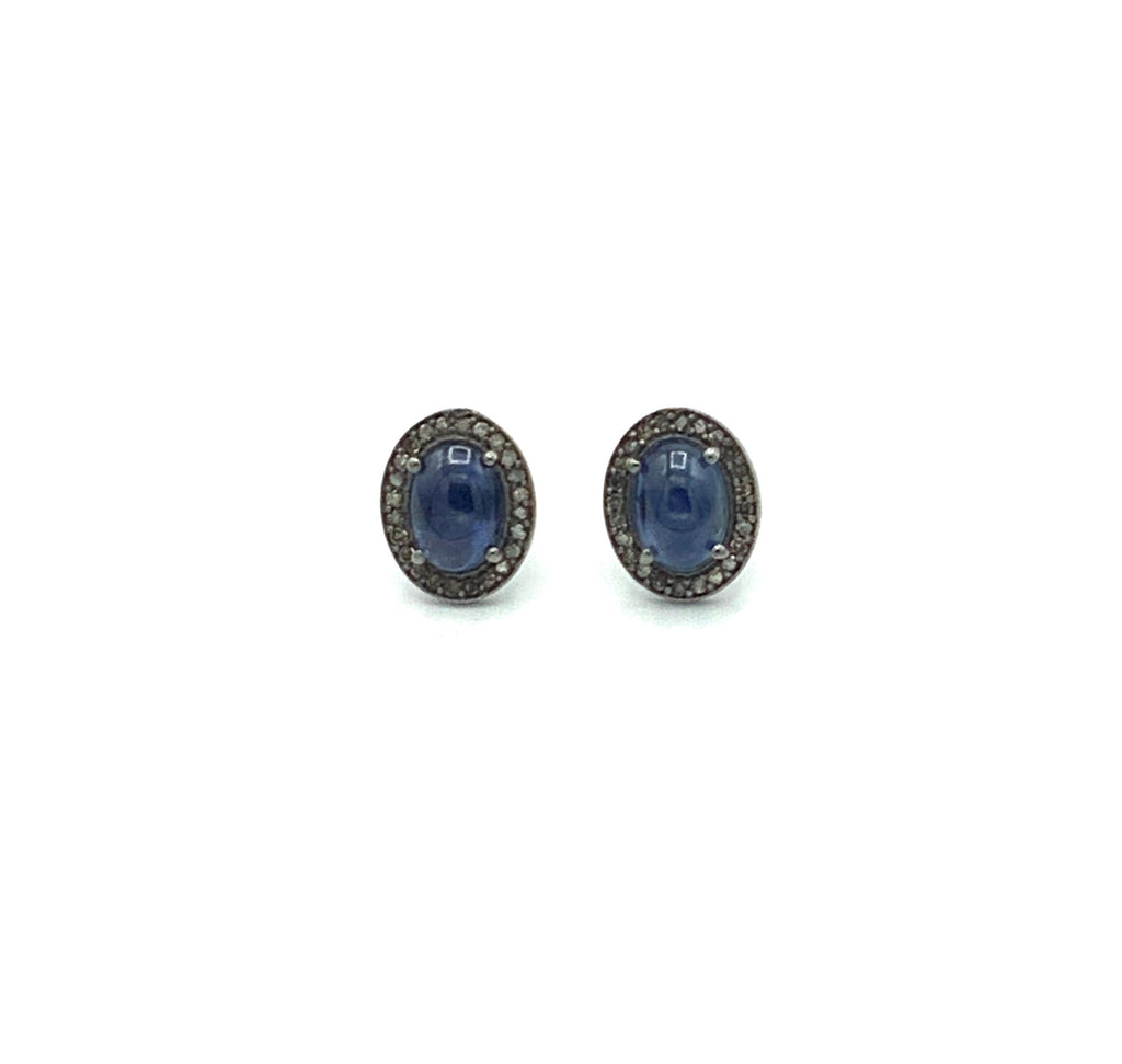 Sapphire Diamond Post Earrings Set in Oxidized Silver