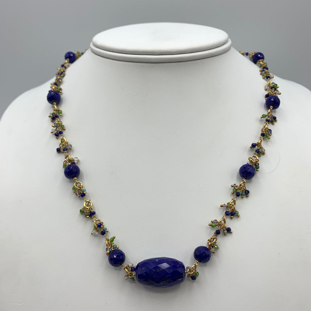 Large Lapis Beads and Small Multi-colored Beads Necklace