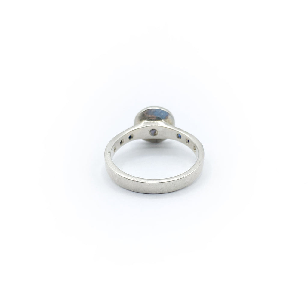 White Sterling Silver Satin Engraved Sapphire Ring