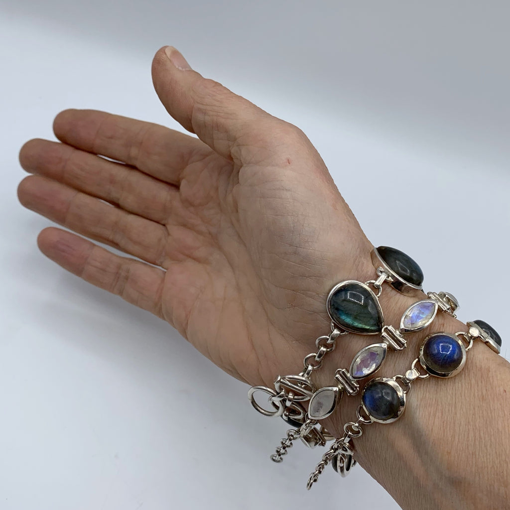 White Sterling Silver Bracelet with Round Labradorites