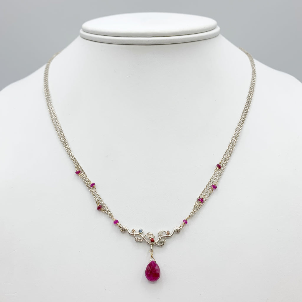 Sterling Silver Branch with Diamonds and Ruby with Ruby Beads