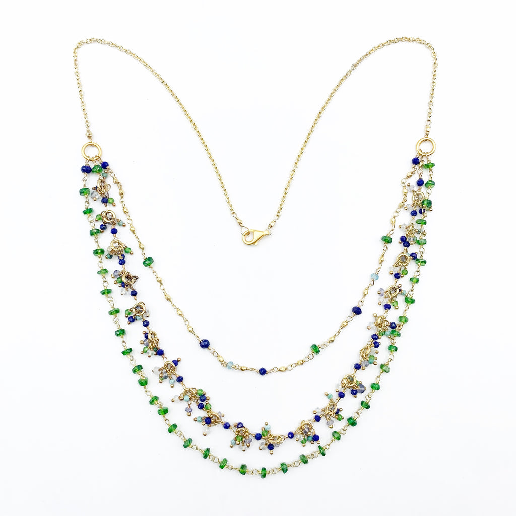 Yellow Gold Plated Necklace with Beaded Diopsides, Lapis’s, Labrodorites, and Turquoise’s