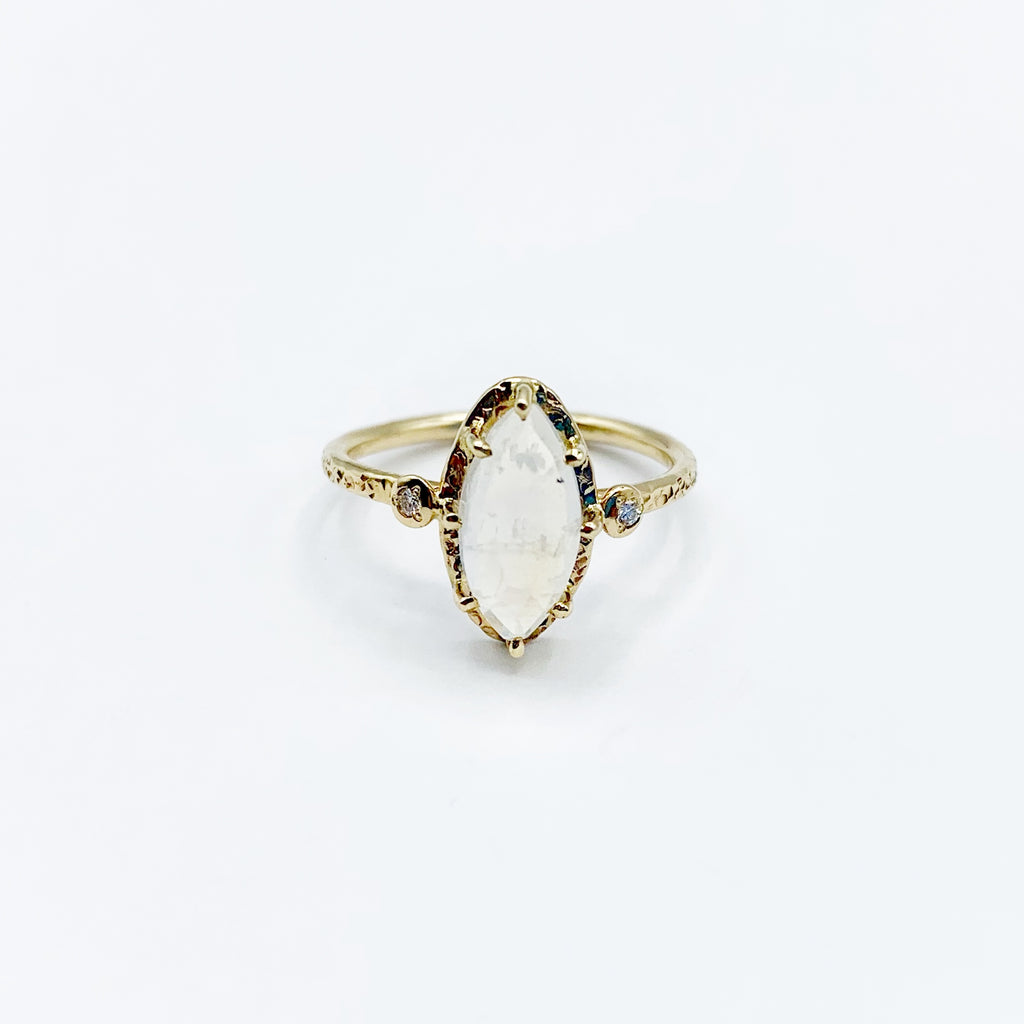 Rose Cut Moonstone Set in 14 Karat Yellow Gold with 2 Diamonds