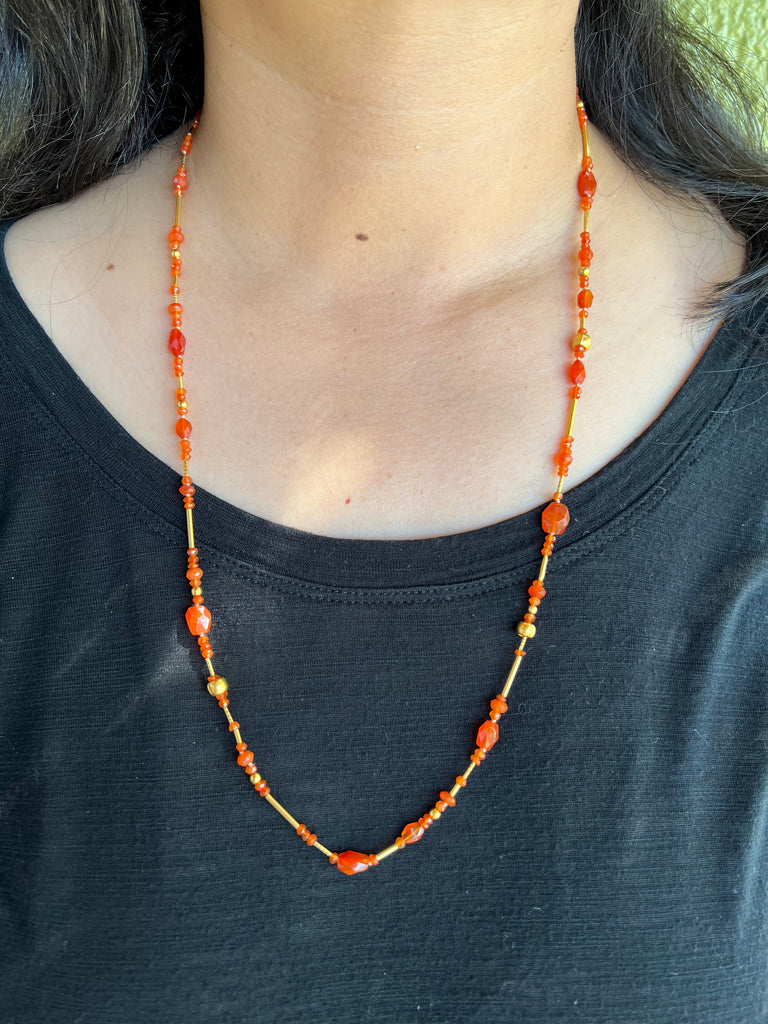 Fiery Carnelian and Gold Freeform Shapes Beads Necklace