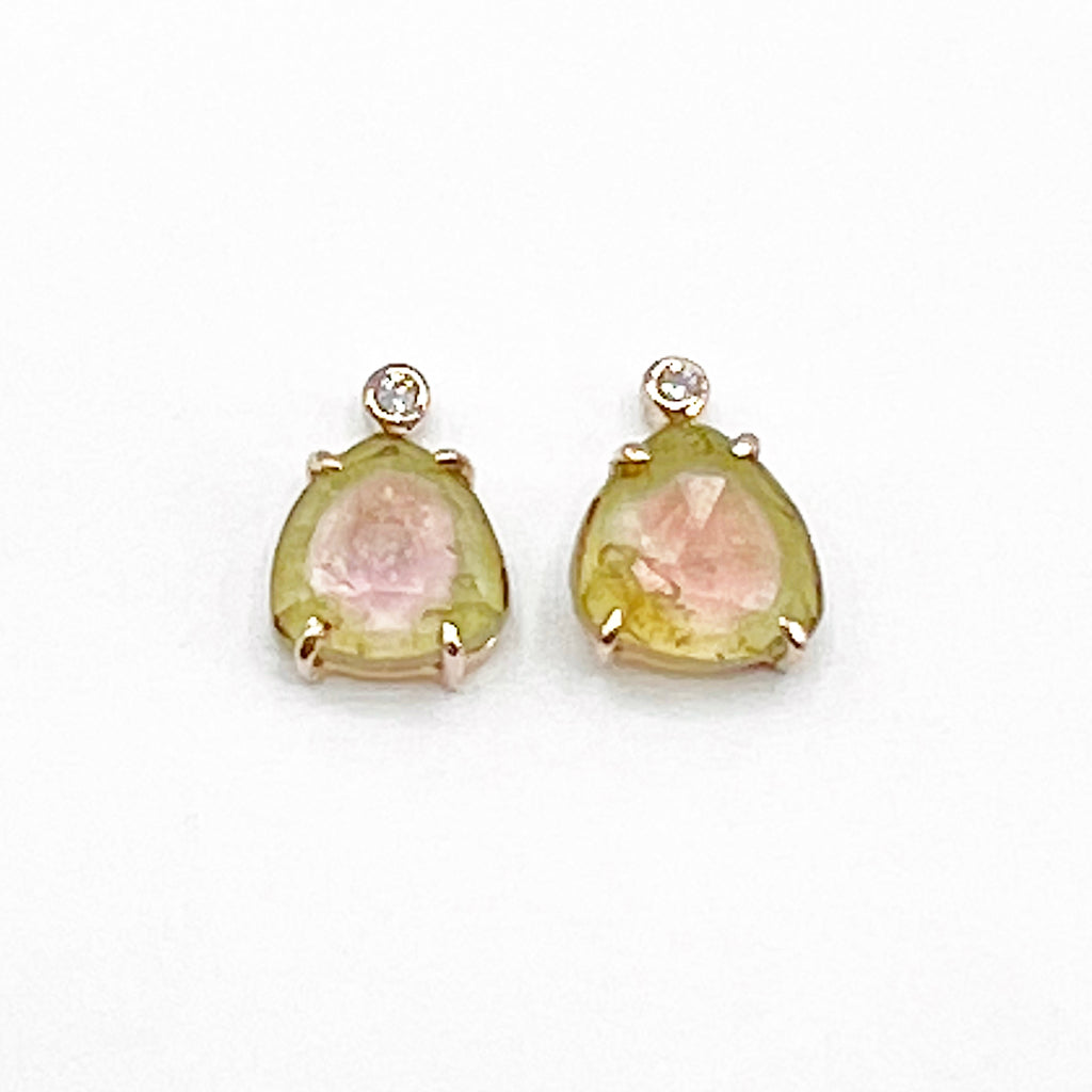 Delicate Rose Gold, Diamond and Watermelon Tourmalines Stud Earrings