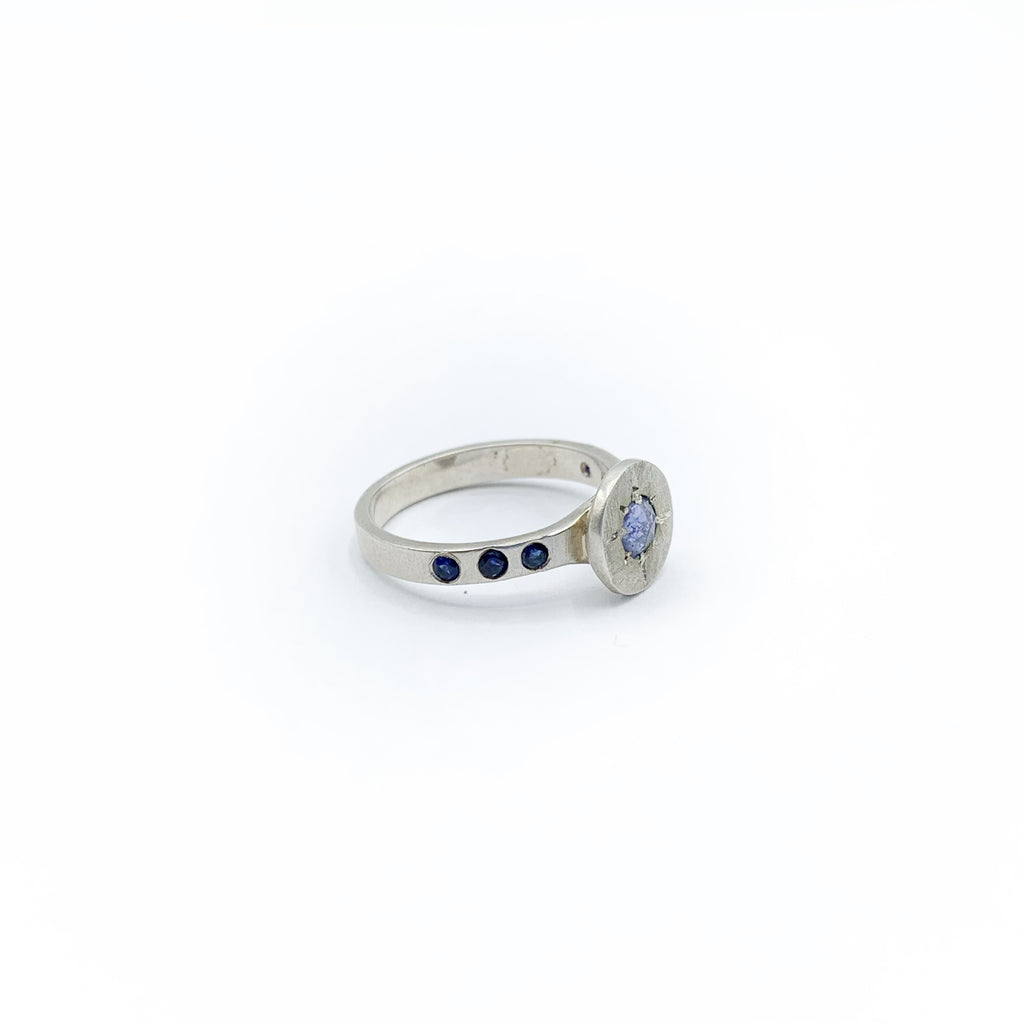 White Sterling Silver Satin Engraved Sapphire Ring