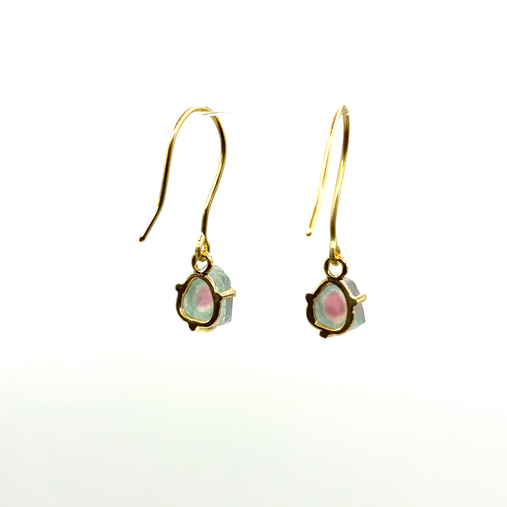 Watermelon Tourmaline 14 Karat Yellow Gold Earrings