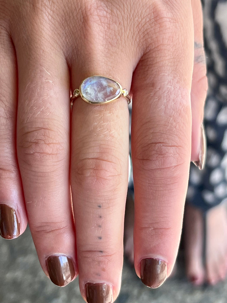 Pear Shaped Rose Cut Moonstone set in 14 Karat Yellow Gold with 18 Karat Yellow Gold Bezel Diamond Ring