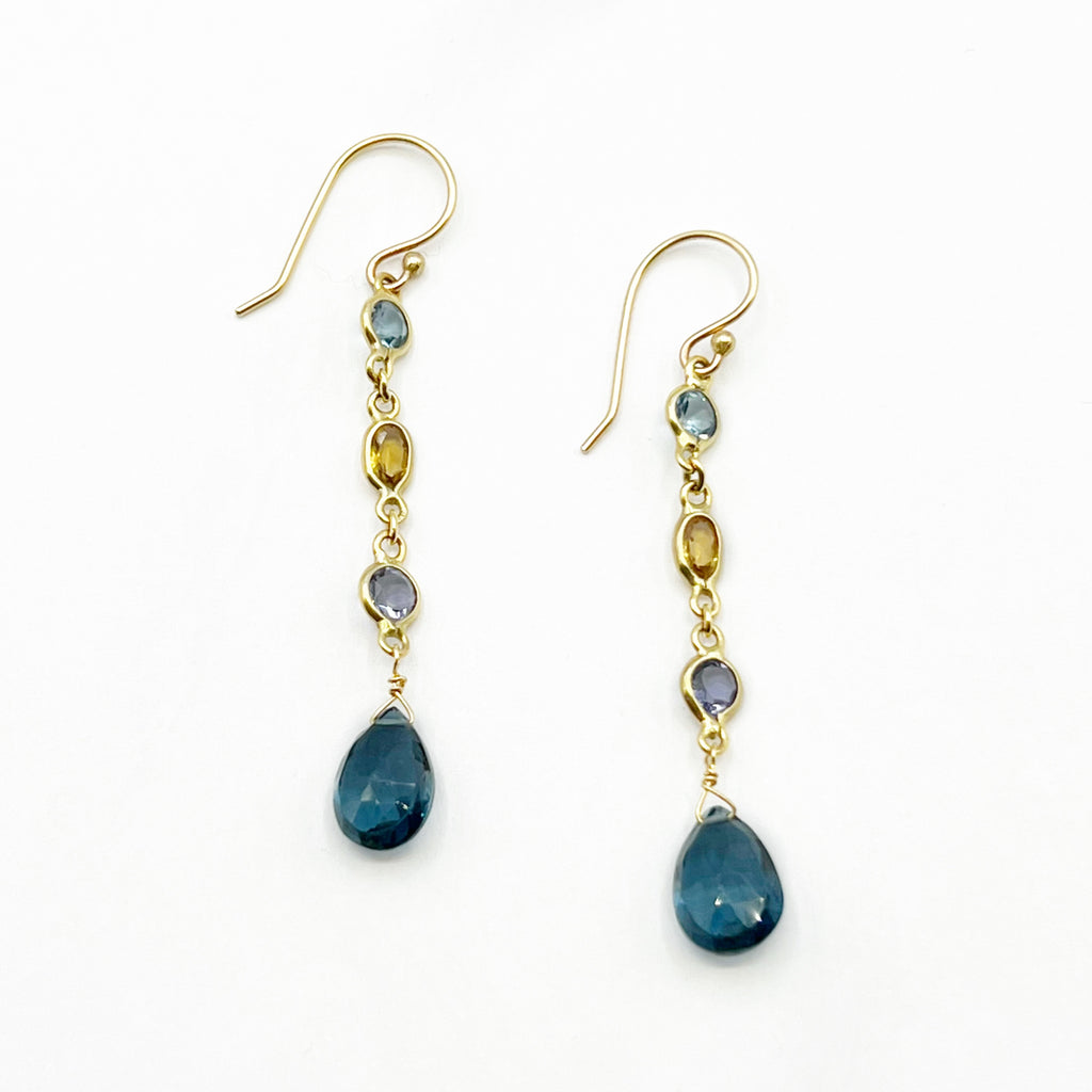 Blue Topaz, Tanzanite, and Citrine 14 Karat Yellow Gold Drop Earrings