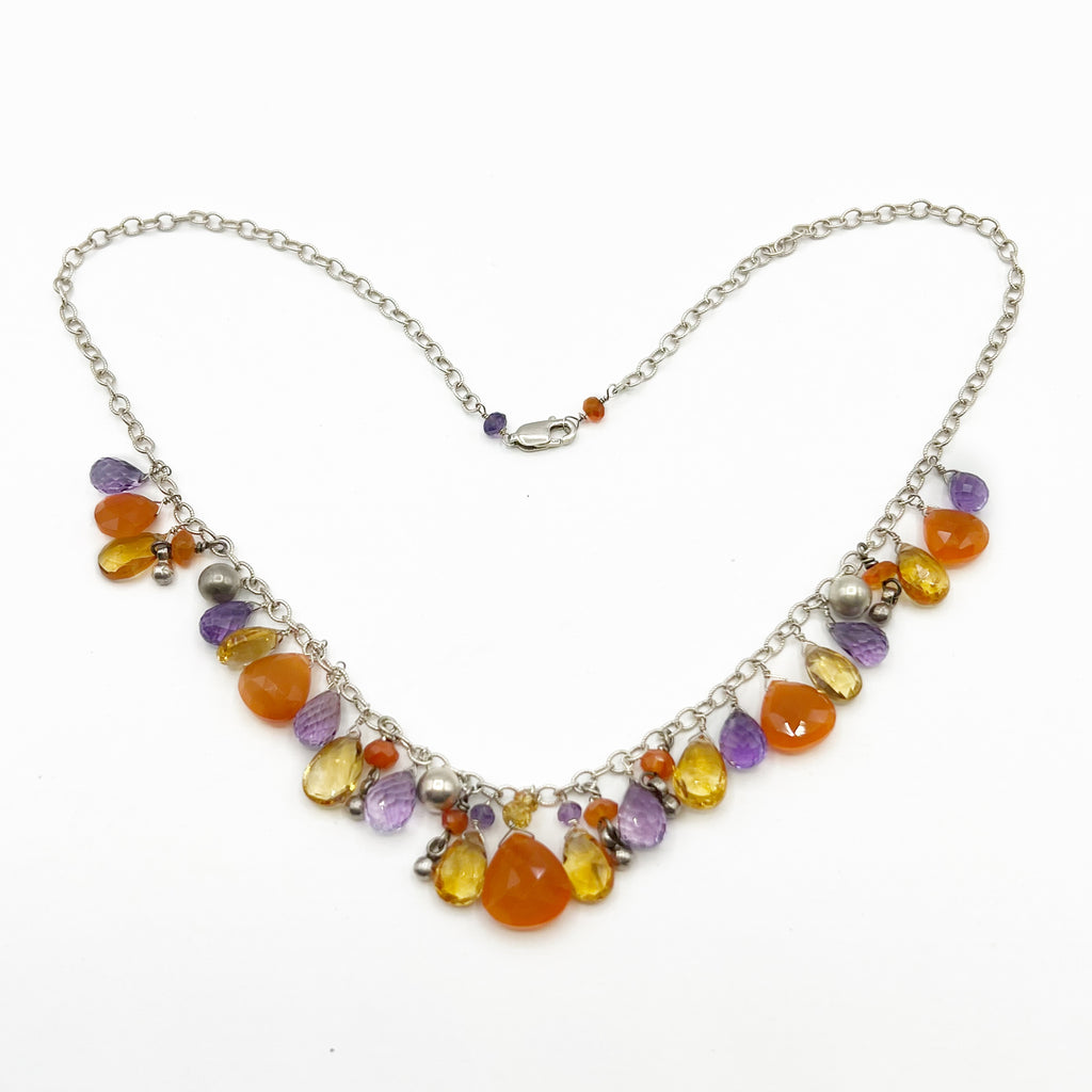 Camelian, Amethysts and Citrine Briolette Necklace with Sterling Silver