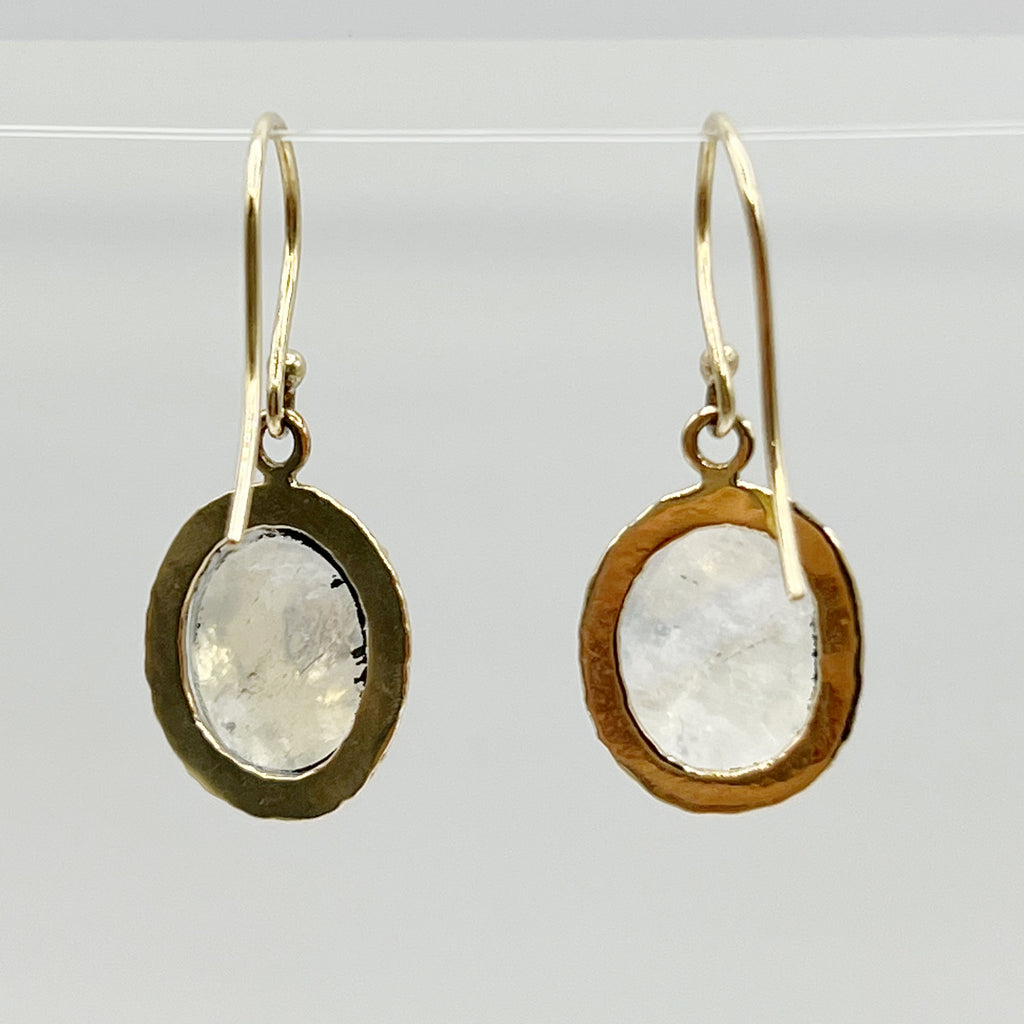 Teardrop Moonstones Encircled in Hammered Yellow Gold