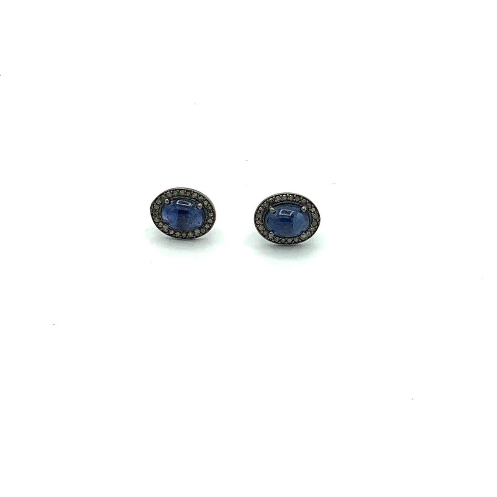 Sapphire Diamond Post Earrings Set in Oxidized Silver