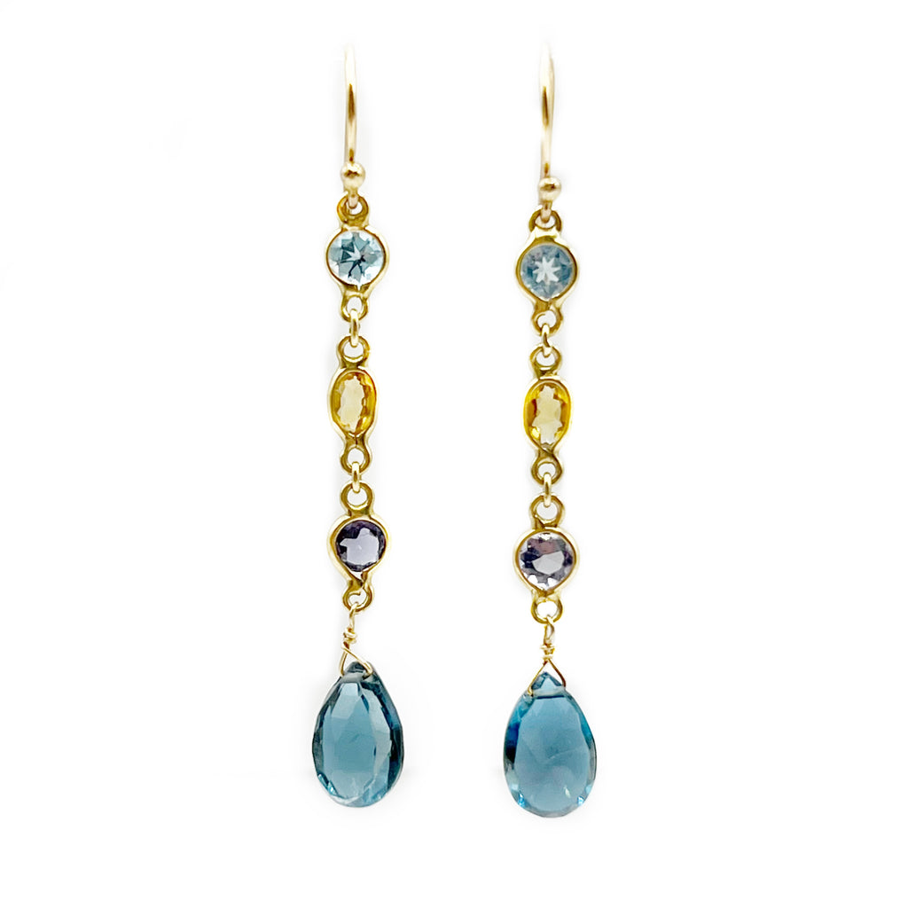 Blue Topaz, Tanzanite, and Citrine 14 Karat Yellow Gold Drop Earrings