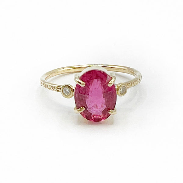 Oval Rubilite Tourmaline set in 14 Karat Yellow Gold with Diamonds