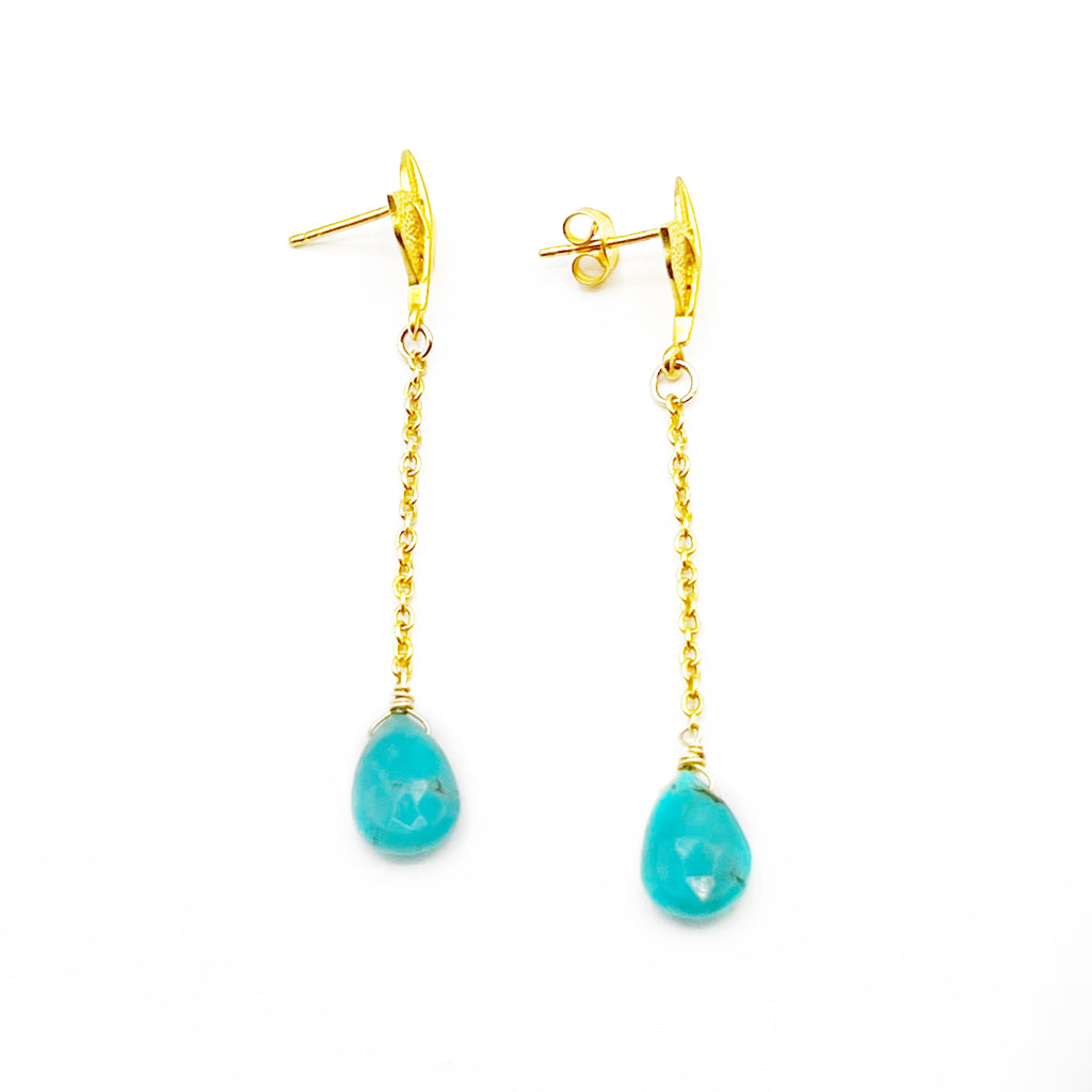Turquoise Droplets on Long Gold Chain Earrings