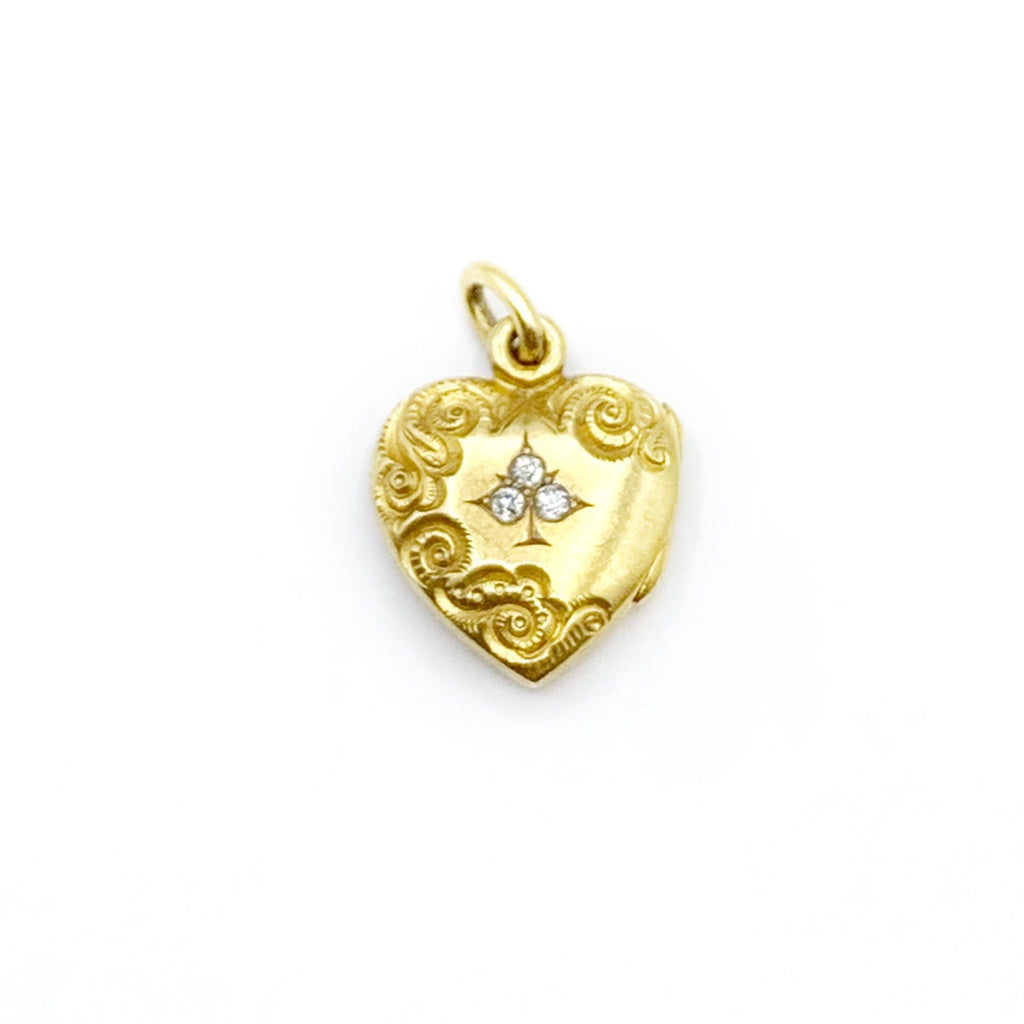 18 Karat Yellow Gold Engraved Antique Locket with Three Diamonds