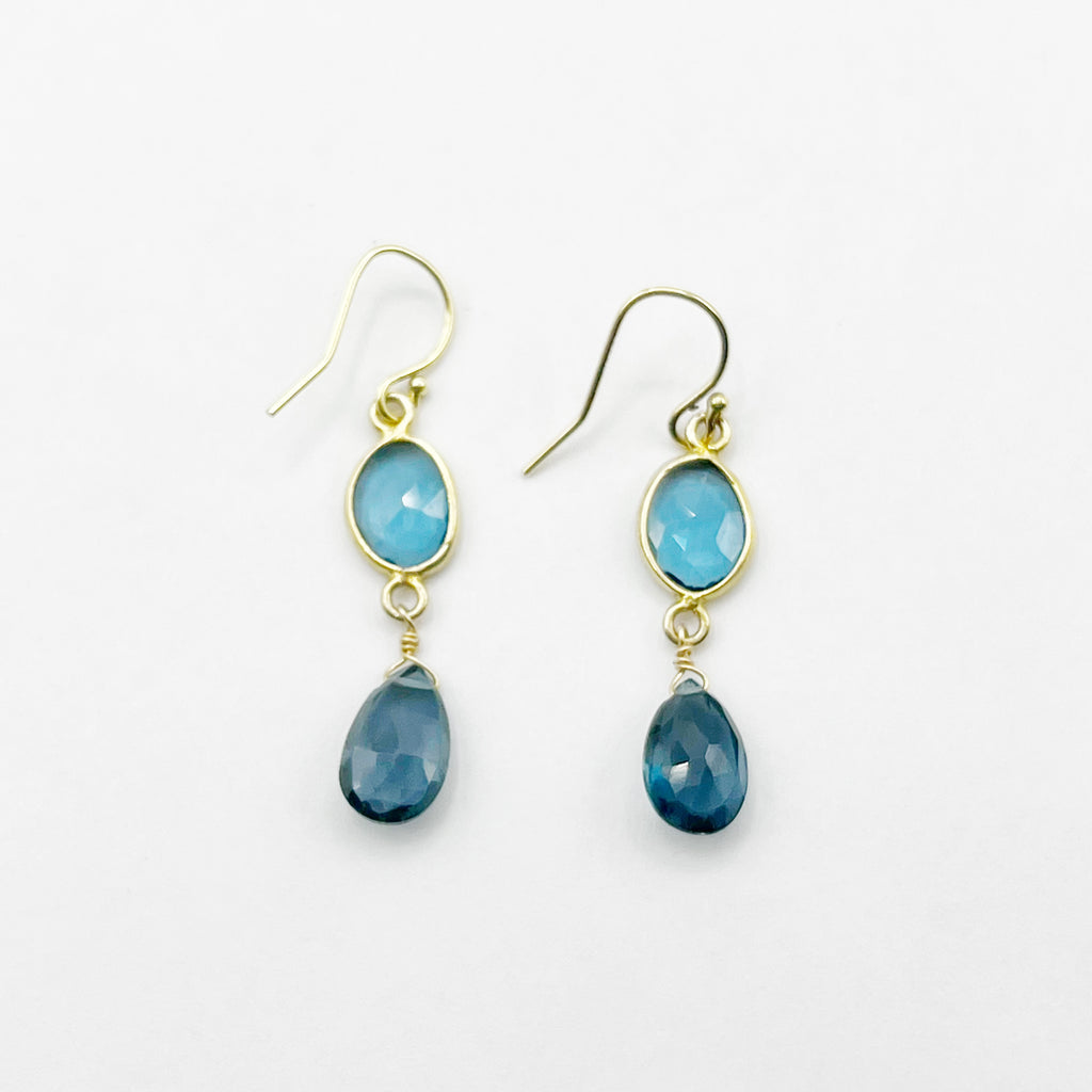 Blue Topaz and  Yellow Gold  Drop Earrings