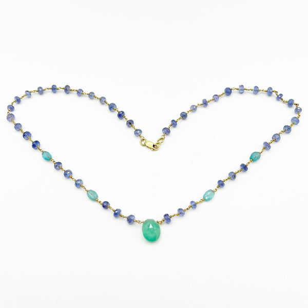 Jellybean Tanzanite and Emeralds Floating on Golden Wire