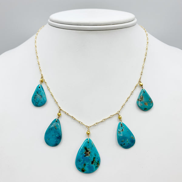 14 Karat Yellow Gold Turquoise Drop Necklace on Twisted link Chain