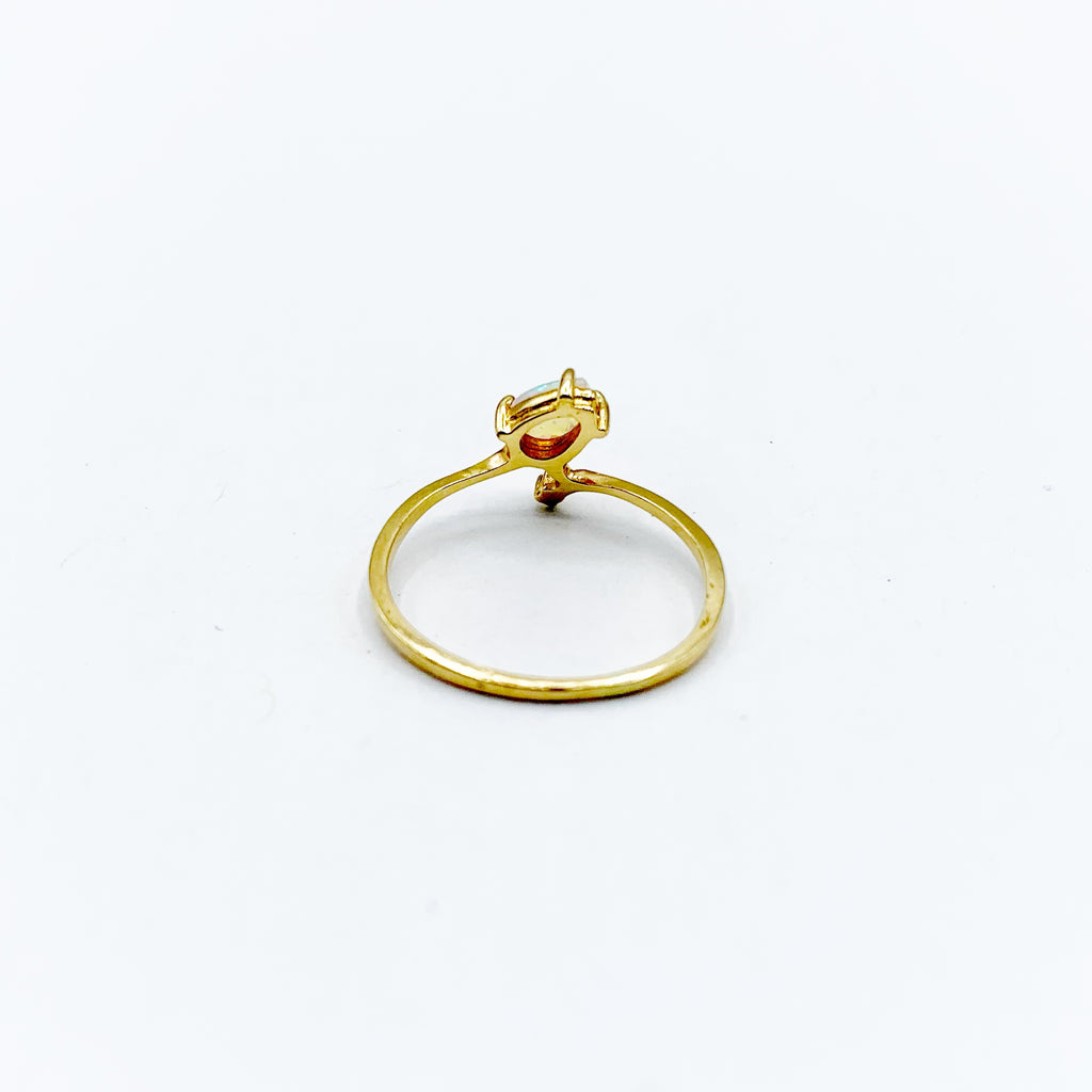 14 Karat Yellow Gold Ring with One Pear Opal and One Round Diamond