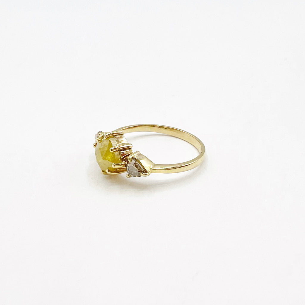 Rose Cut Yellow Faceted Three Stone Diamond Engagement Ring