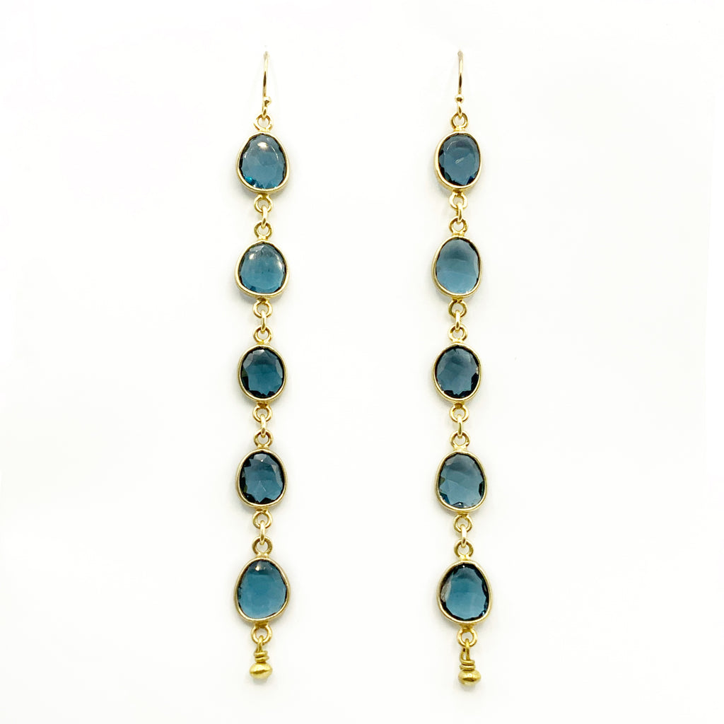 Yellow Gold Plated Oval Blue Topaz Drop Earrings