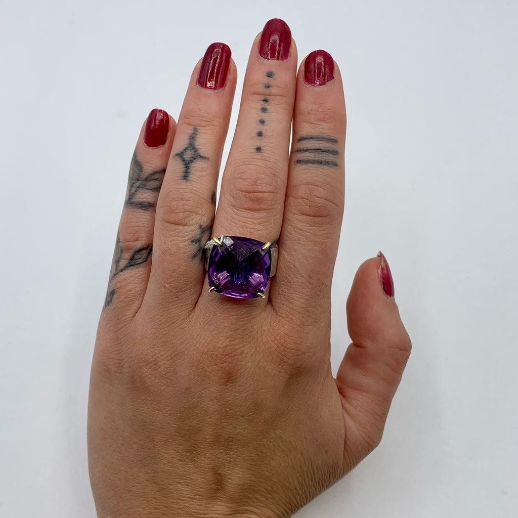 Checkerboard Amethyst on Textured Silver