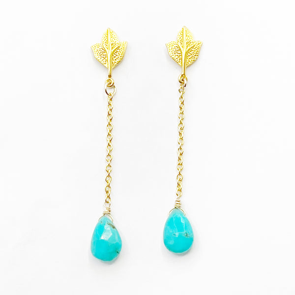 Turquoise Droplets on Long Gold Chain Earrings