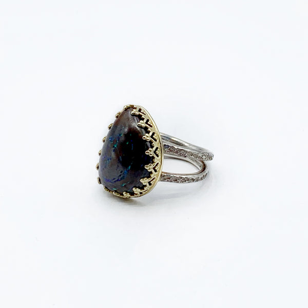 Boulder Opal in Gold Crown Hammered Ring