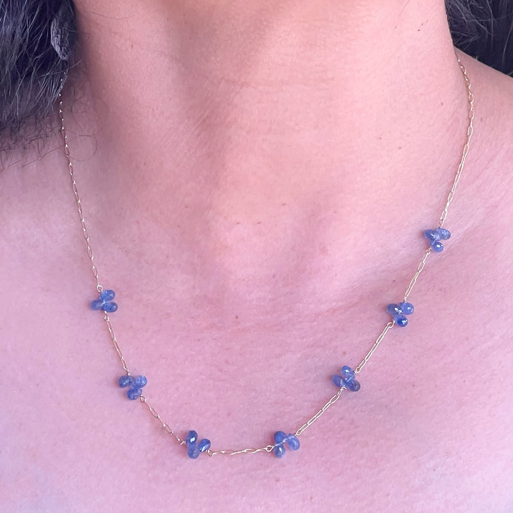 Blue Sapphire Flower Briolettes on a 14 Karat Gold Chain