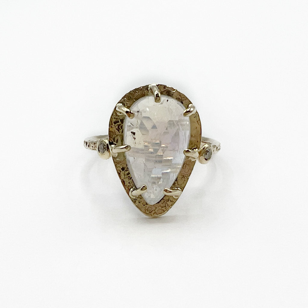 Moonstone Teardrop 14 Karat Yellow Gold with Diamonds Ring