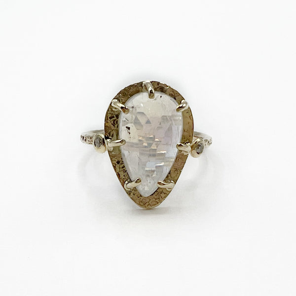 Moonstone Teardrop 14 Karat Yellow Gold with Diamonds Ring