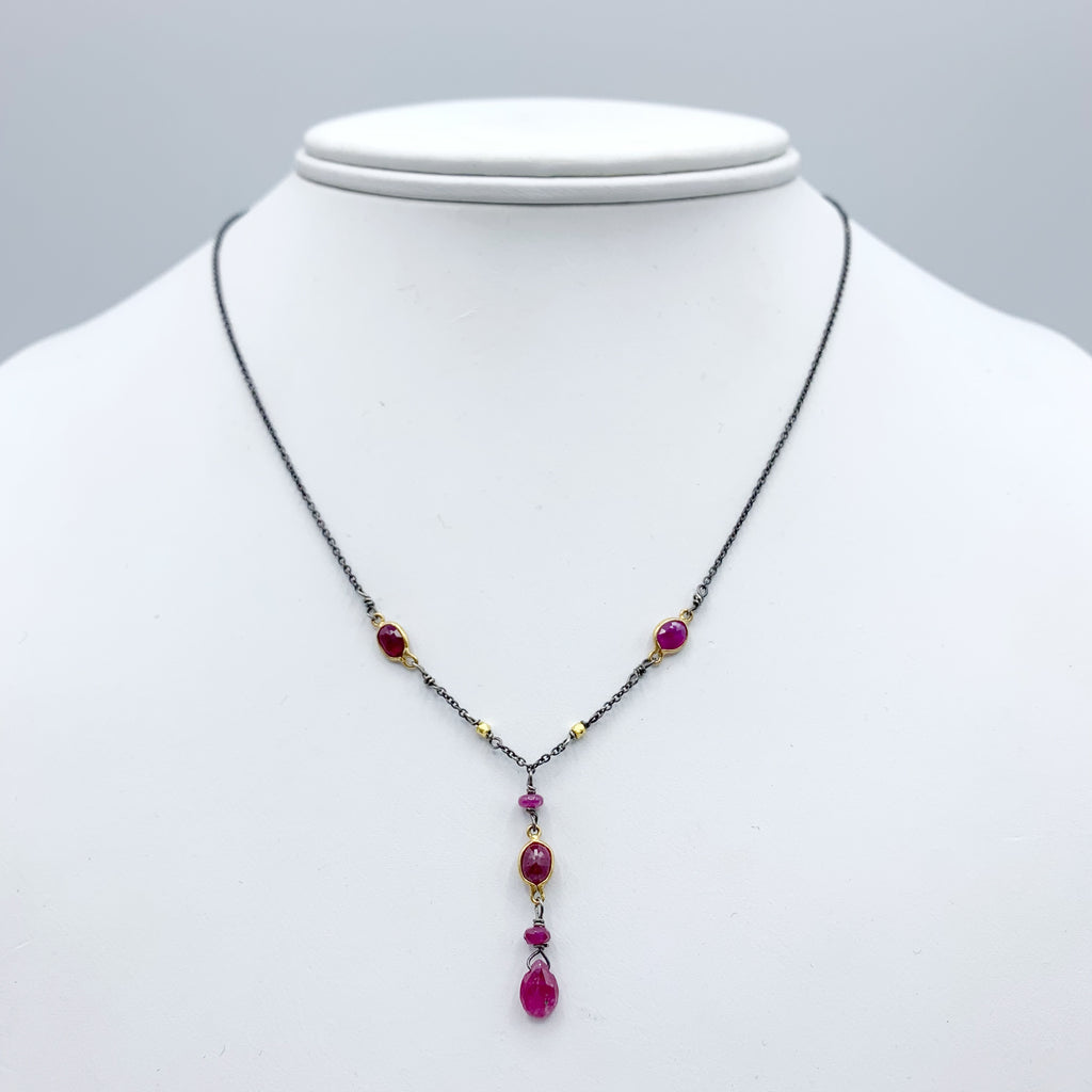 Oxidized Silver Chain with Ruby and 14 Karat Yellow Gold Beads Necklace